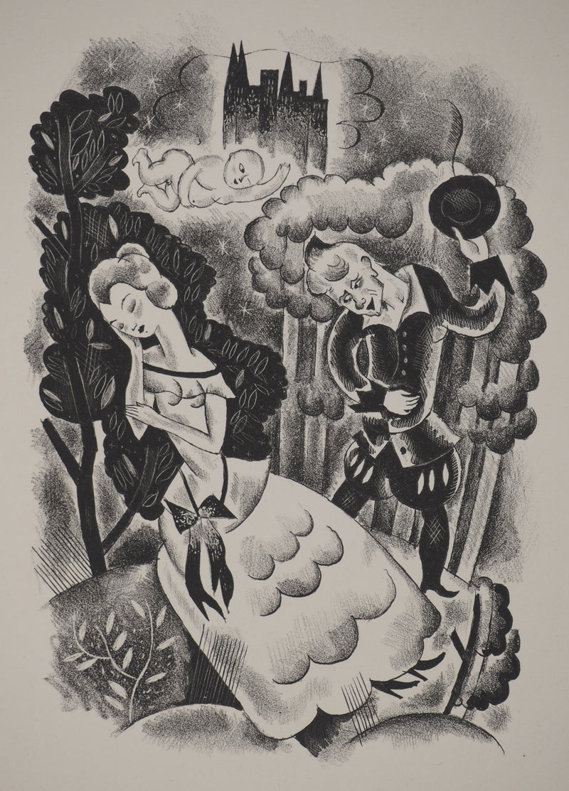 Adrien EKMAN : Les contes : La belle et le courtisan,, Lithographie originale (vue générale) - Crédit photo : Galerie Art.Paris