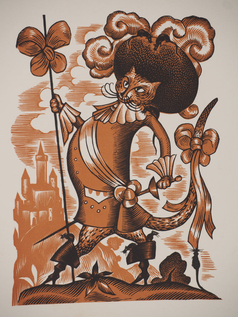 Lucien BOUCHER : Les contes : Le chat botté, Gravure sur bois originale (vue générale) - Crédit photo : Galerie Art.Paris