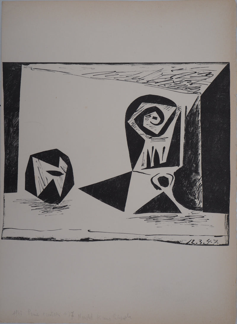 Pablo PICASSO : Hommage à Cézanne : Pomme et verre à pied, Lithographie originale (photo de détail 2) - Crédit photo : Galerie Art.Paris