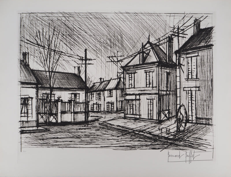 Bernard BUFFET : Méru, la Place, Gravure originale (vue générale) - Crédit photo : Galerie Art.Paris
