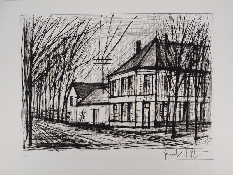 Bernard BUFFET : Bonville, la route de Paris, Gravure originale (vue générale) - Crédit photo : Galerie Art.Paris