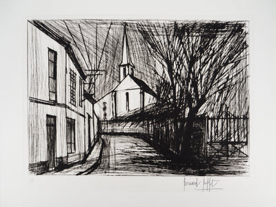 Bernard BUFFET : Senlis, l'église, Gravure originale (vue générale) - Crédit photo : Galerie Art.Paris
