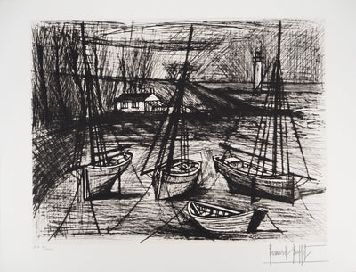 Bernard BUFFET : Bateaux de pêche à marée basse, Gravure originale (vue générale) - Crédit photo : Galerie Art.Paris