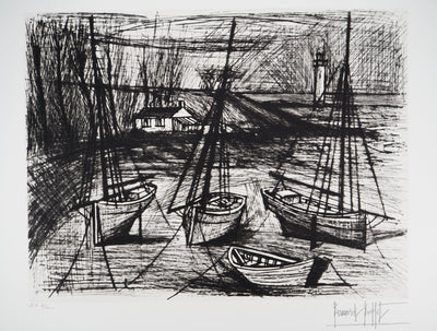 Bernard BUFFET : Bateaux de pêche à marée basse, Gravure originale (photo de détail 3) - Crédit photo : Galerie Art.Paris