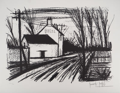 Bernard BUFFET : L'hôtel du bord de la route, Lithographie originale (vue générale) - Crédit photo : Galerie Art.Paris