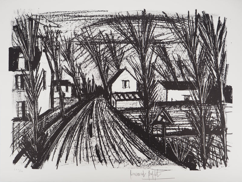 Bernard BUFFET : Le village sous les arbres, Lithographie originale (vue générale) - Crédit photo : Galerie Art.Paris