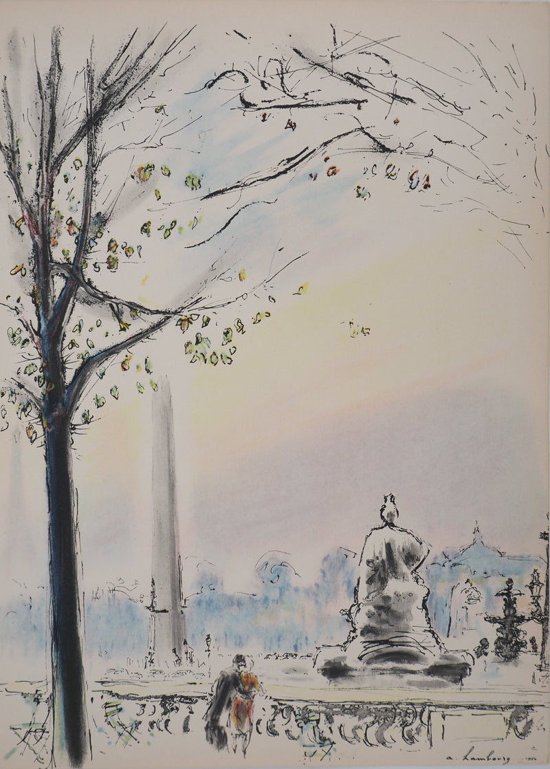 André HAMBOURG : Paris, les amoureux de la Place de la Concorde, Lithographie signée