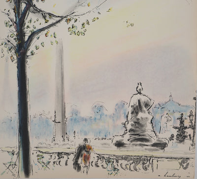 André HAMBOURG : Paris, les amoureux de la Place de la Concorde, Lithographie signée