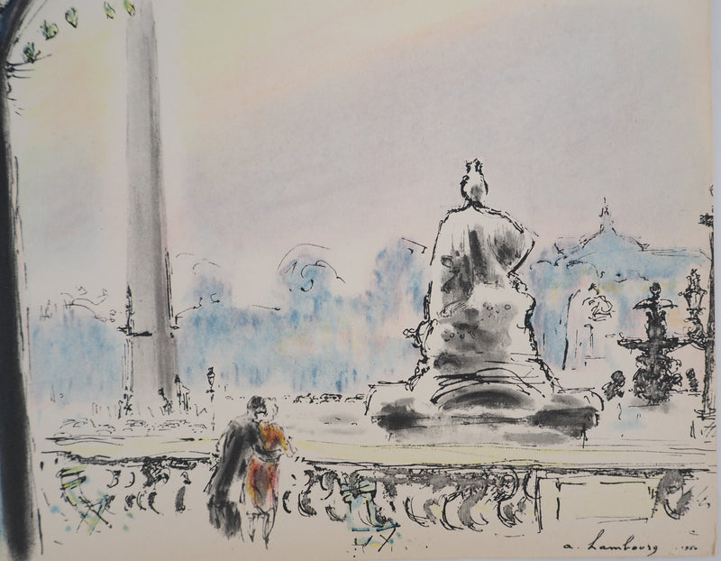 André HAMBOURG : Paris, les amoureux de la Place de la Concorde, Lithographie signée