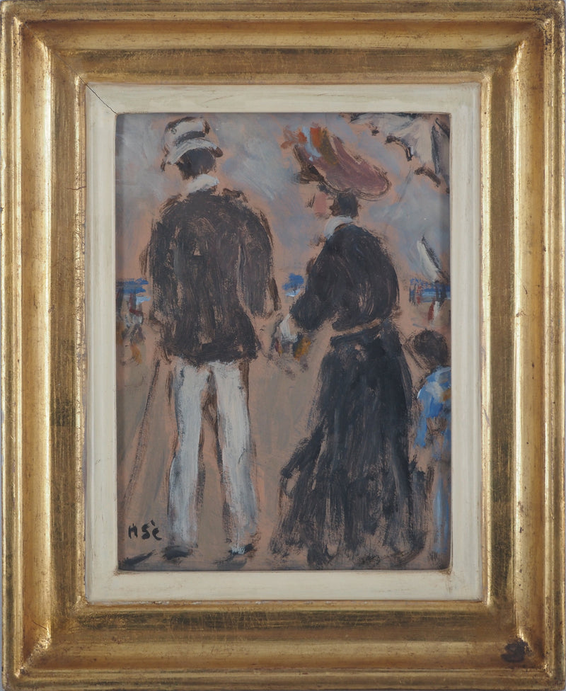 Henry SAINT CLAIR : Normandie, Couple élégant à la plage, Huile sur panneau signée