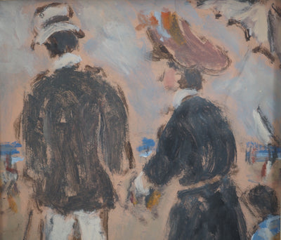 Henry SAINT CLAIR : Normandie, Couple élégant à la plage, Huile sur panneau signée