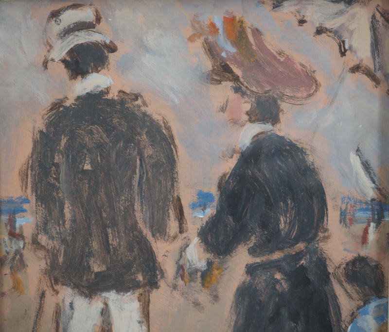 Henry SAINT CLAIR : Normandie, Couple élégant à la plage, Huile sur panneau signée