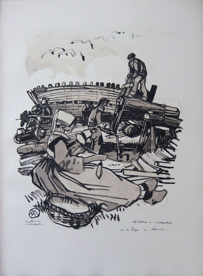 Mathurin MEHEUT : Bretagne : Les bateaux en construction en Armor, Gravure originale (photo de détail 3) - Crédit photo : Galerie Art.Paris