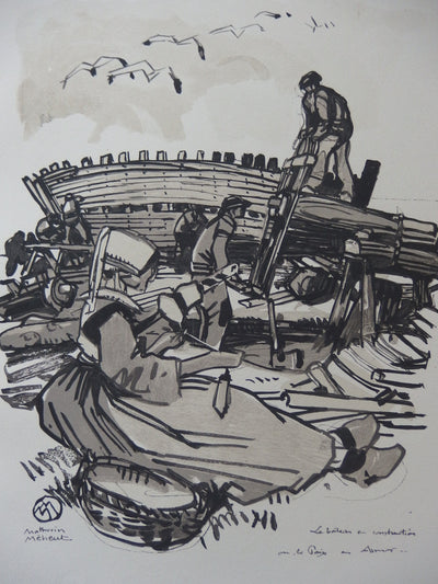 Mathurin MEHEUT : Bretagne : Les bateaux en construction en Armor, Gravure originale (vue générale) - Crédit photo : Galerie Art.Paris