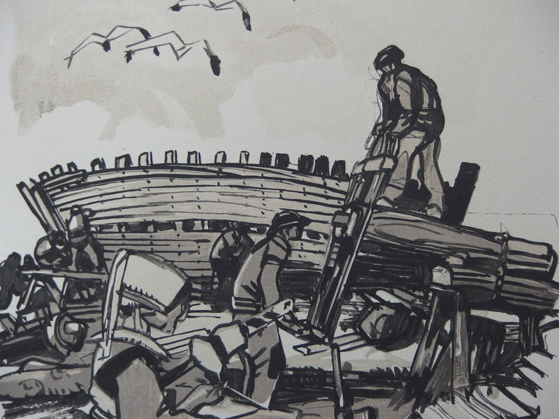 Mathurin MEHEUT : Bretagne : Les bateaux en construction en Armor, Gravure originale (photo de détail 4) - Crédit photo : Galerie Art.Paris