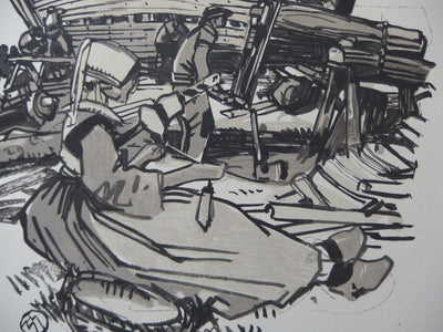 Mathurin MEHEUT : Bretagne : Les bateaux en construction en Armor, Gravure originale (photo de détail 5) - Crédit photo : Galerie Art.Paris