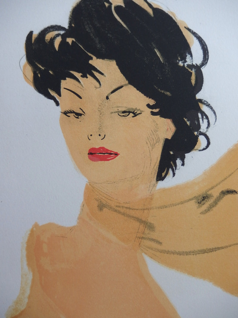 Jean-Gabriel DOMERGUE : La Brune au foulard (Gigi la secrétaire), Lithographie originale (photo de détail 3) - Crédit photo : Galerie Art.Paris