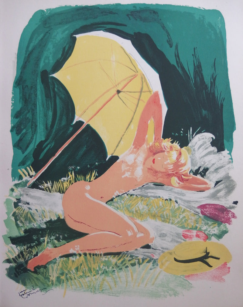Jean-Gabriel DOMERGUE : Nu sous un parasol (Trois starlettes), Lithographie originale (vue générale) - Crédit photo : Galerie Art.Paris