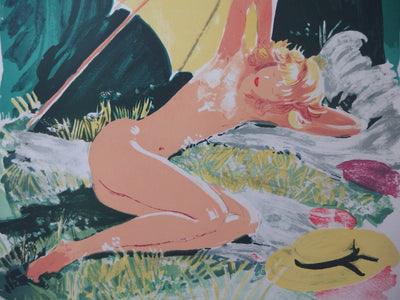 Jean-Gabriel DOMERGUE : Nu sous un parasol (Trois starlettes), Lithographie originale (photo de détail 3) - Crédit photo : Galerie Art.Paris