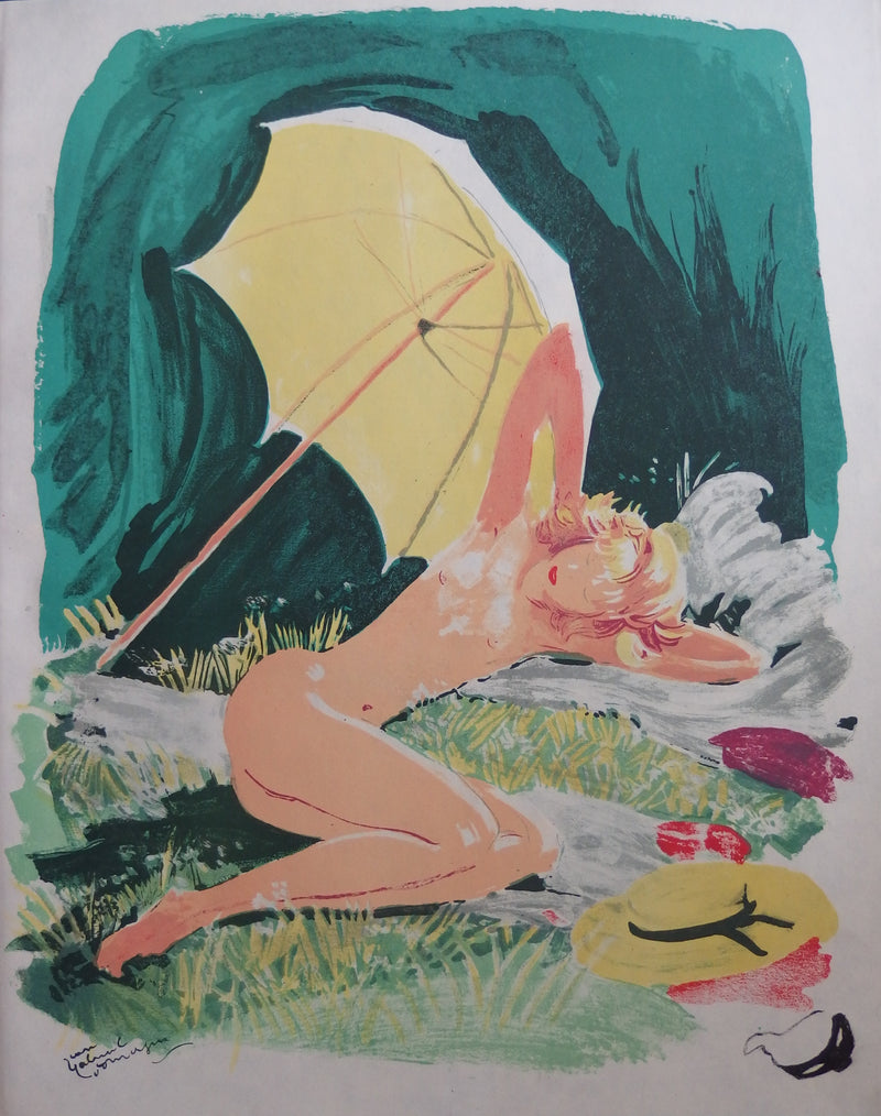 Jean-Gabriel DOMERGUE : Nu sous un parasol (Trois starlettes), Lithographie originale (vue générale) - Crédit photo : Galerie Art.Paris