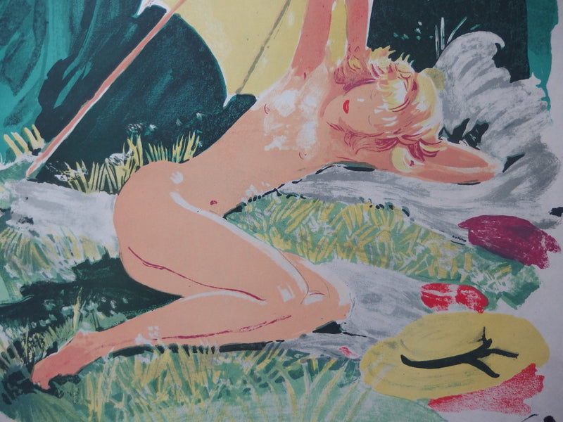 Jean-Gabriel DOMERGUE : Nu sous un parasol (Trois starlettes), Lithographie originale (photo de détail 3) - Crédit photo : Galerie Art.Paris