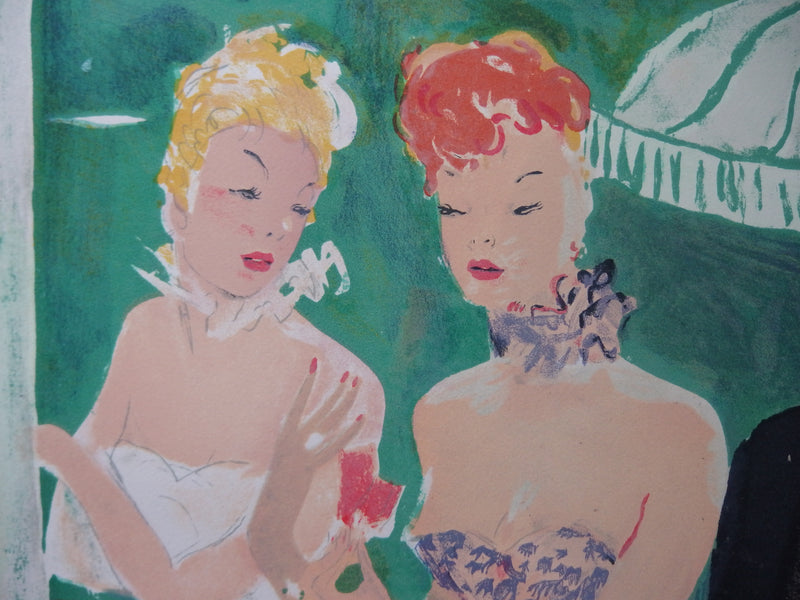 Jean-Gabriel DOMERGUE : Deux femmes au casino (Où est donc Odette), Lithographie originale (photo de détail 3) - Crédit photo : Galerie Art.Paris