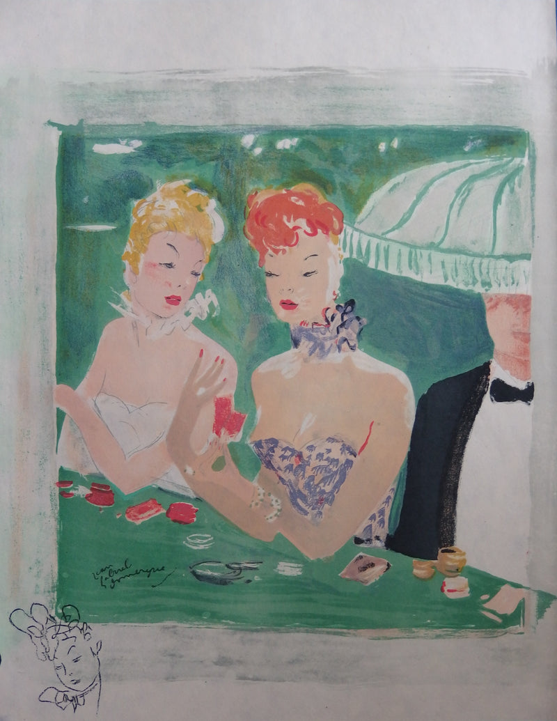 Jean-Gabriel DOMERGUE : Deux femmes au casino (Où est donc Odette), Lithographie originale (vue générale) - Crédit photo : Galerie Art.Paris