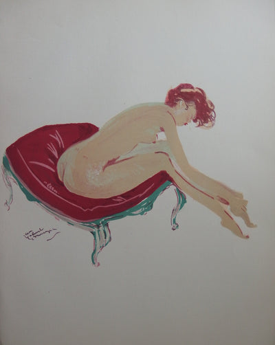 Jean-Gabriel DOMERGUE : Nu enfilant un bas (Une cavalière), Lithographie originale (vue générale) - Crédit photo : Galerie Art.Paris