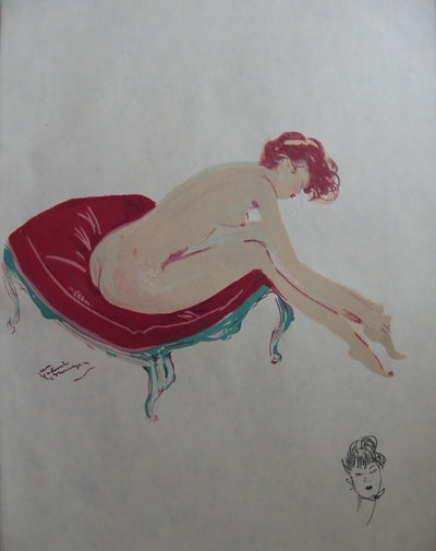 Jean-Gabriel DOMERGUE : Nu enfilant un bas (Une cavalière), Lithographie originale (vue générale) - Crédit photo : Galerie Art.Paris