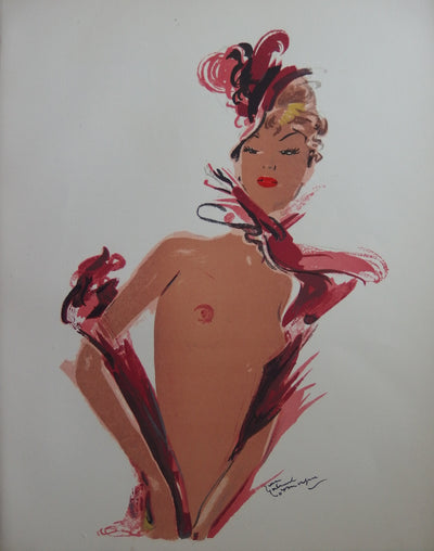 Jean-Gabriel DOMERGUE : Le déshabillé rouge (Deux sourires), Lithographie originale (vue générale) - Crédit photo : Galerie Art.Paris
