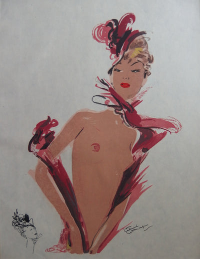 Jean-Gabriel DOMERGUE : Le déshabillé rouge (Deux sourires), Lithographie originale (vue générale) - Crédit photo : Galerie Art.Paris