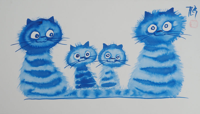 Laszlo TIBAY : La famille aux chatons, Dessin original (vue générale) - Crédit photo : Galerie Art.Paris