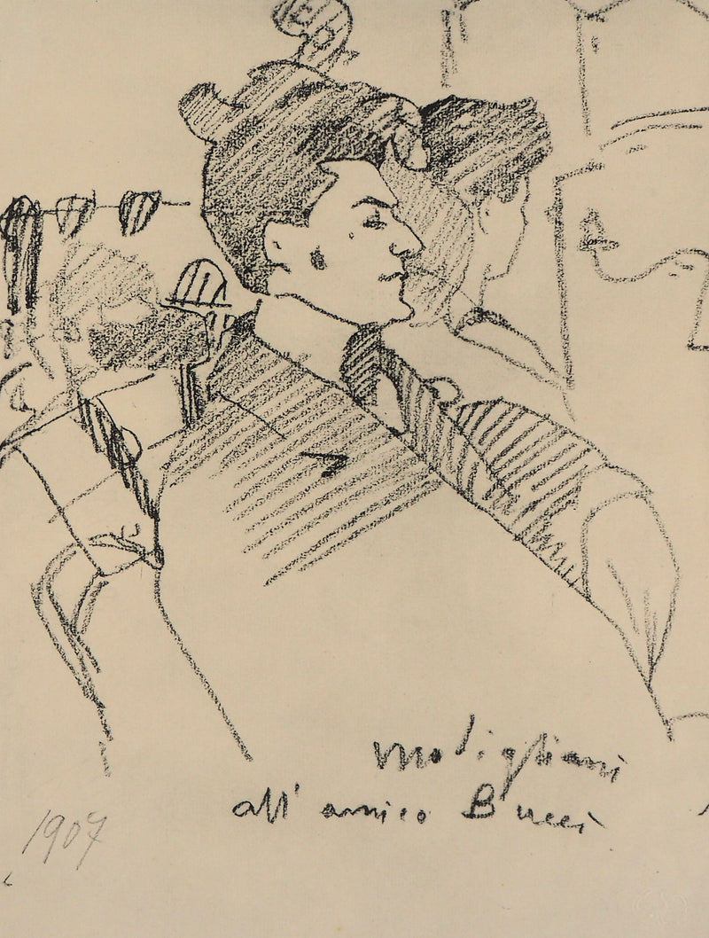 Amedeo MODIGLIANI : Portrait de Mario Buggelli, Lithographie signée