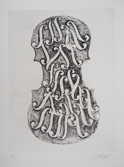 ARMAN : Superposition d'ouïes dans un violon, Gravure originale signée