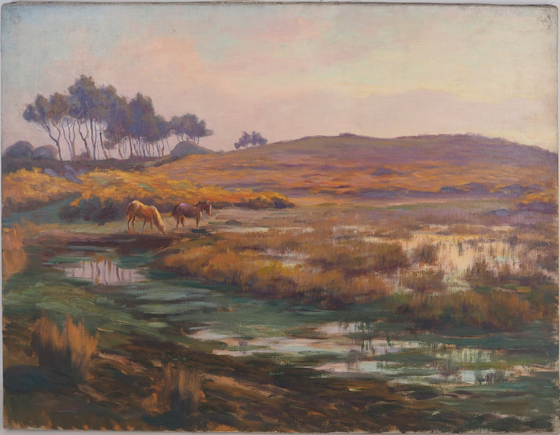 Charles WISLIN : Chevaux sauvages buvant dans un étang, Huile sur toile signée