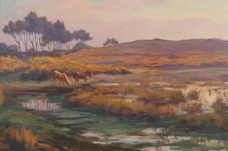 Charles WISLIN : Chevaux sauvages buvant dans un étang, Huile sur toile signée