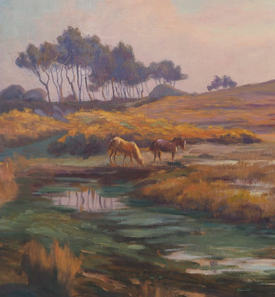 Charles WISLIN : Chevaux sauvages buvant dans un étang, Huile sur toile signée