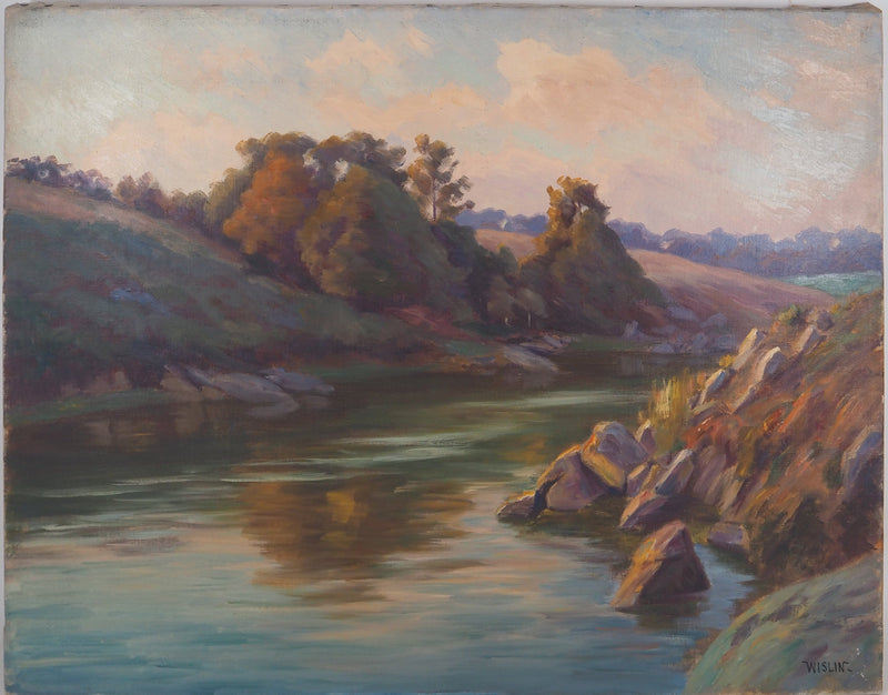 Charles WISLIN : Bord de rivière au petit matin, Huile sur toile signée