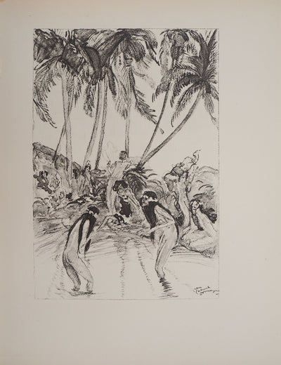 Jean-Gabriel DOMERGUE : Tahiti, Baignade sous les palmiers (noir), Lithographie originale signée