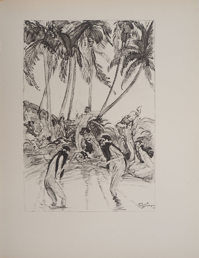 Jean-Gabriel DOMERGUE : Tahiti, Baignade sous les palmiers (noir), Lithographie originale signée
