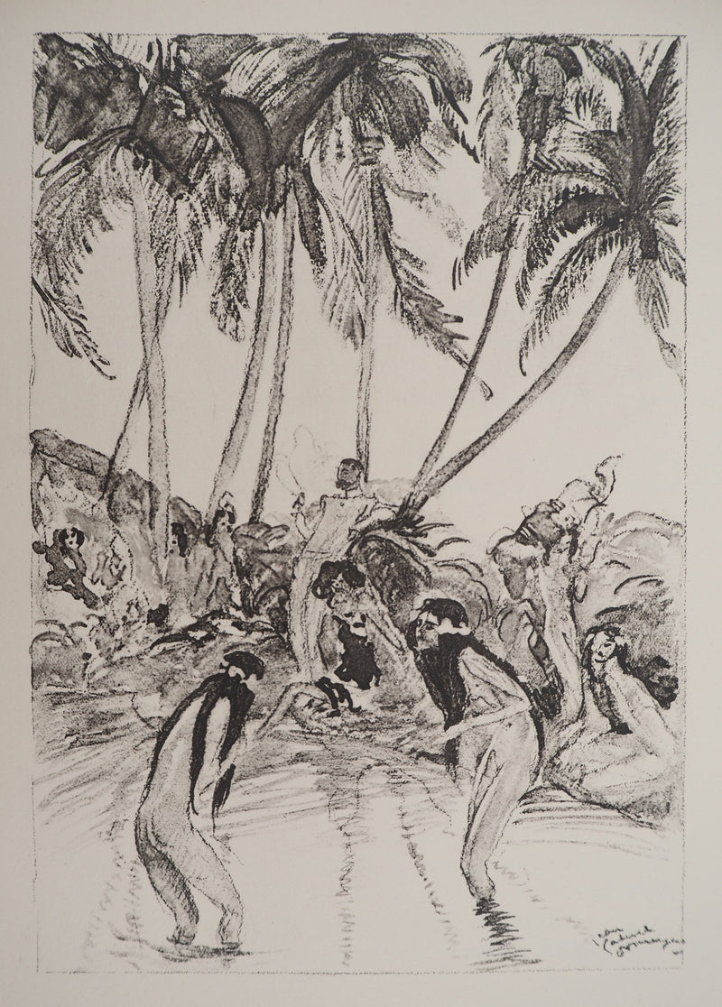 Jean-Gabriel DOMERGUE : Tahiti, Baignade sous les palmiers (noir), Lithographie originale signée