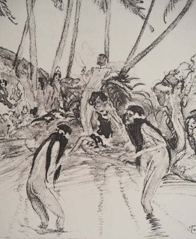 Jean-Gabriel DOMERGUE : Tahiti, Baignade sous les palmiers (noir), Lithographie originale signée