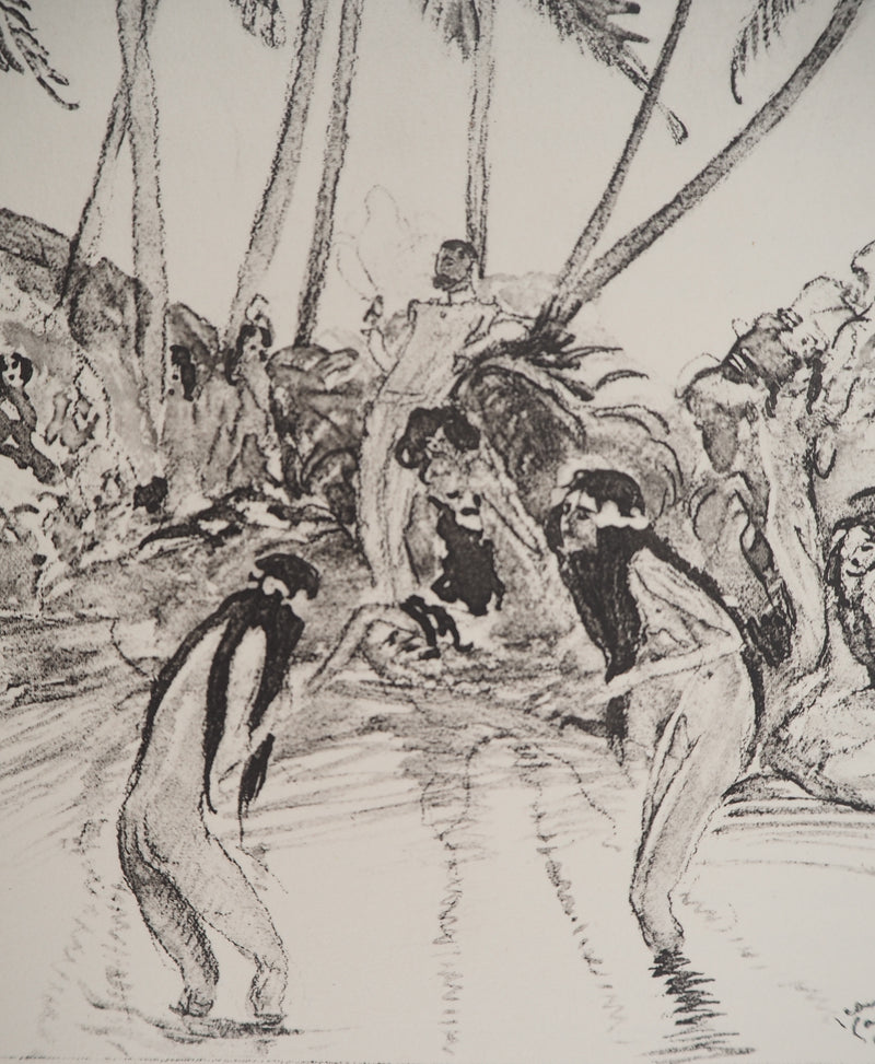 Jean-Gabriel DOMERGUE : Tahiti, Baignade sous les palmiers (noir), Lithographie originale signée