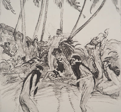Jean-Gabriel DOMERGUE : Tahiti, Baignade sous les palmiers (noir), Lithographie originale signée