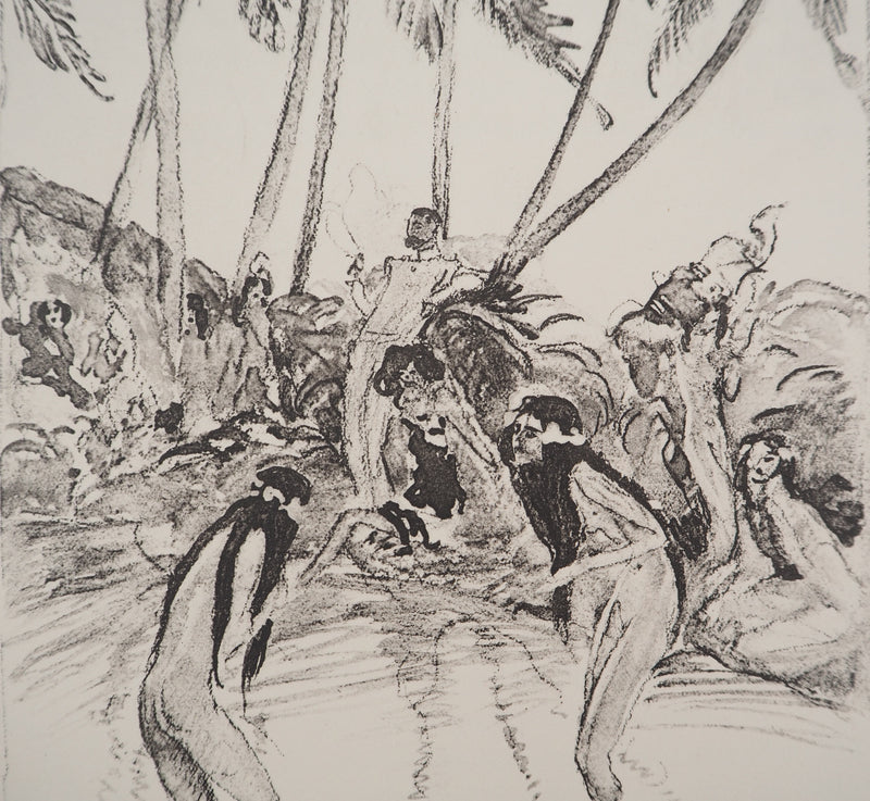 Jean-Gabriel DOMERGUE : Tahiti, Baignade sous les palmiers (noir), Lithographie originale signée