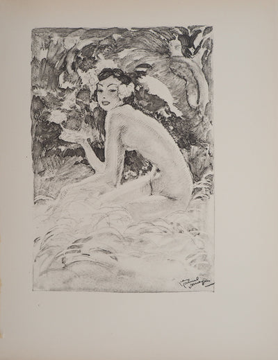 Jean-Gabriel DOMERGUE : Tahititienne aux cheveux fleuris (noir), Lithographie originale signée
