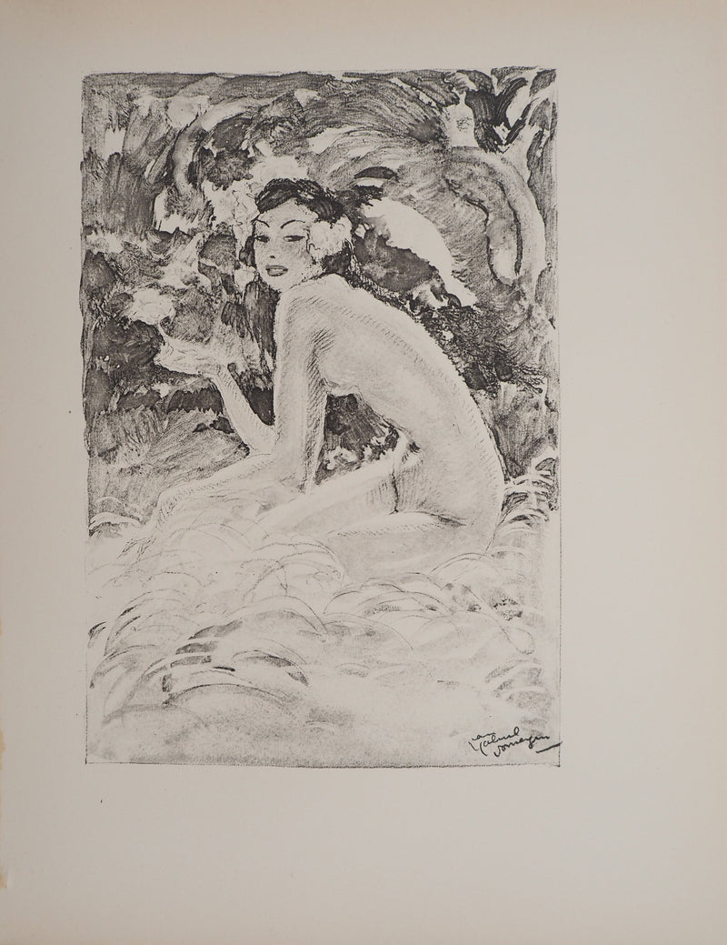 Jean-Gabriel DOMERGUE : Tahititienne aux cheveux fleuris (noir), Lithographie originale signée