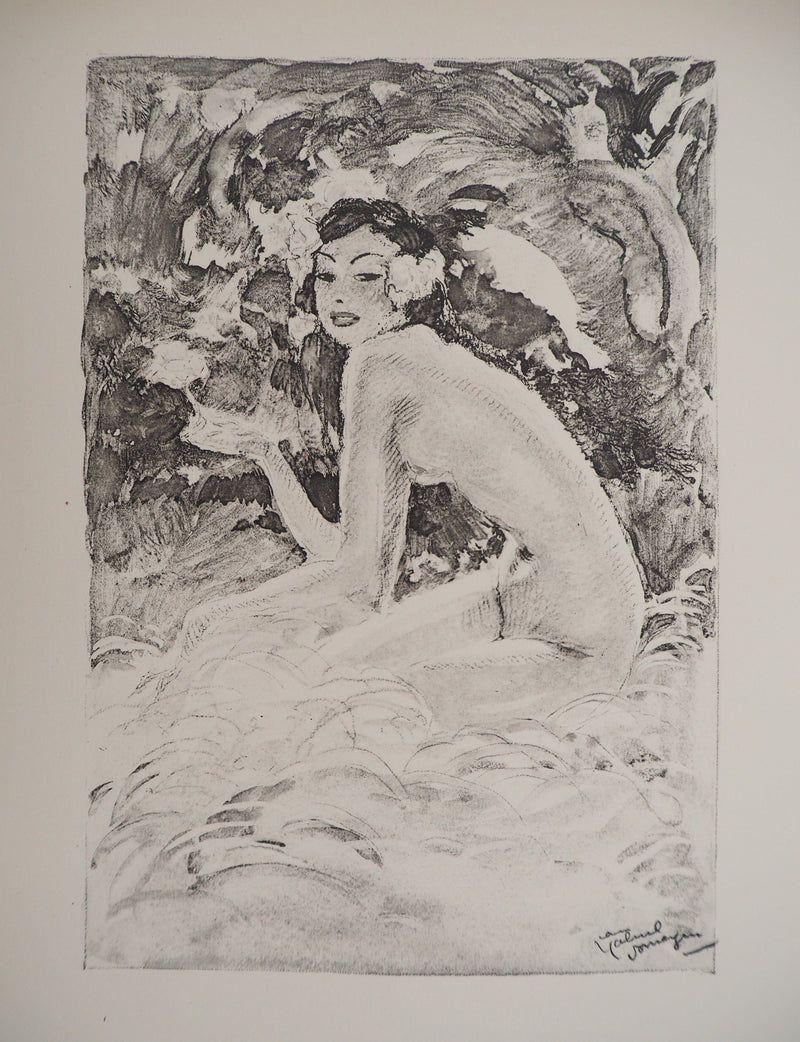Jean-Gabriel DOMERGUE : Tahititienne aux cheveux fleuris (noir), Lithographie originale signée