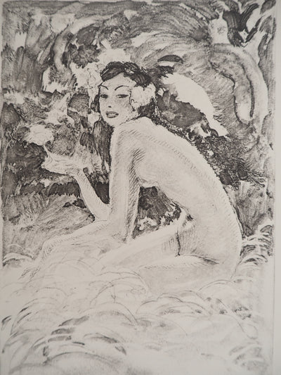 Jean-Gabriel DOMERGUE : Tahititienne aux cheveux fleuris (noir), Lithographie originale signée