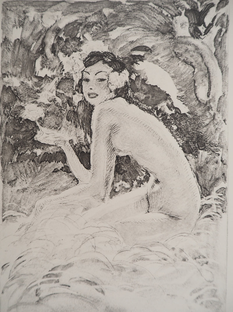 Jean-Gabriel DOMERGUE : Tahititienne aux cheveux fleuris (noir), Lithographie originale signée